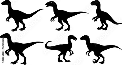 Set of silhouettes of a velociraptor dinosaur. Dinosaur silhouette vector illustration