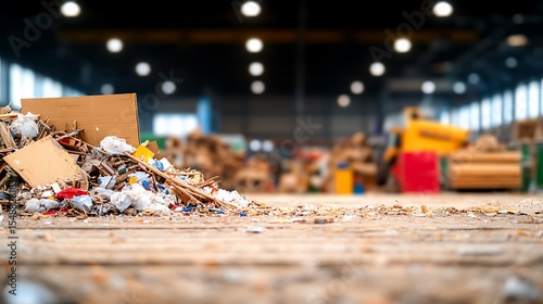 Industrial Recycling Workshop: Shredded Paper and Cardboard Debris on Weathered Wood Floor