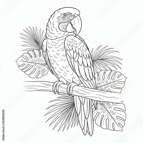 Majestic Macaw Parrot Perched on Branch Coloring Page Tropical Bird Illustration