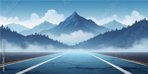 Road to the mountains with a panoramic view of snowy peaks, misty forests, and a vibrant sunrise sky