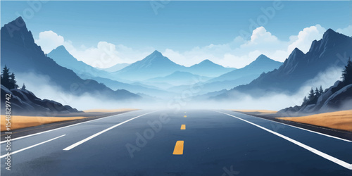 An empty asphalt highway winds through a scenic summer mountain landscape under a vast sky