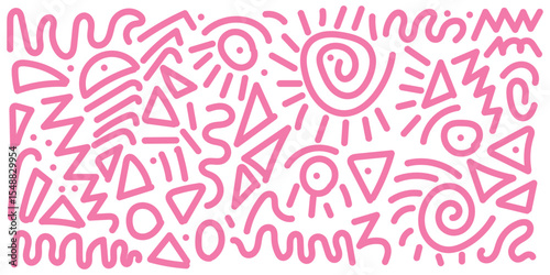 Abstract pink color line doodle seamless pattern set. Creative fun squiggle style drawing background collection with basic shape symbol. Simple geometric scribble wallpaper print in eps 10.