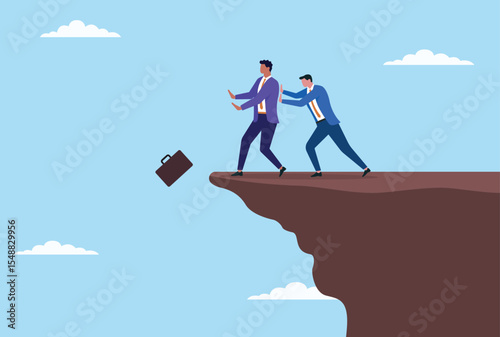 Vector illustration of a businessman pushing another businessman off the top of a mountain, representing fierce competition, betrayal, and power struggles in the corporate world
