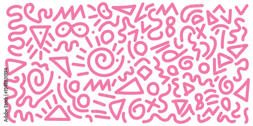 Abstract pink color line doodle seamless pattern set. Creative fun squiggle style drawing background collection with basic shape symbol. Simple geometric scribble wallpaper print in eps 10.