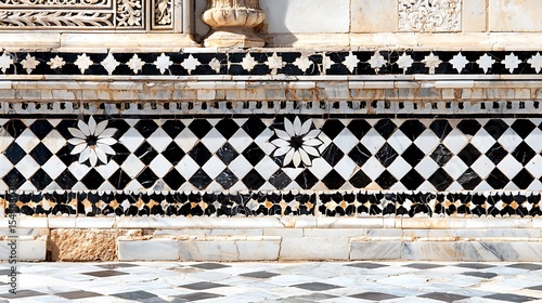 Intricate Black and White Geometric Tile Mosaic on Marble Surface