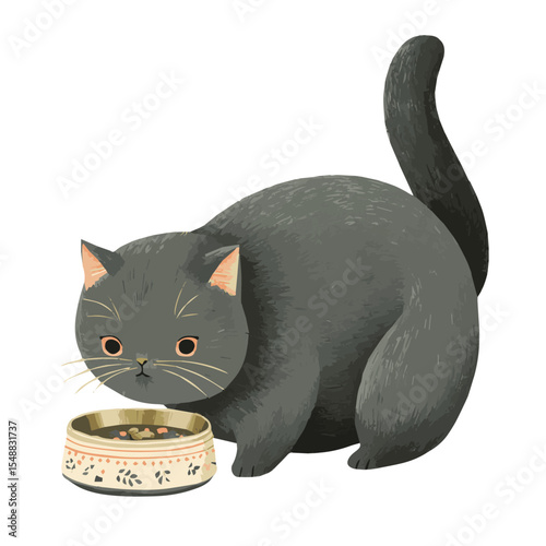 Flat Style Gray Cat with Pet Food Bowl Vector Illustration