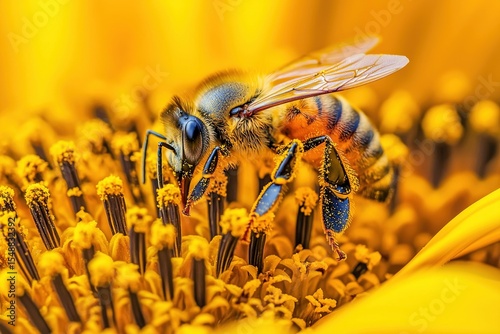 Close-up of honey bee pollinating yellow flower