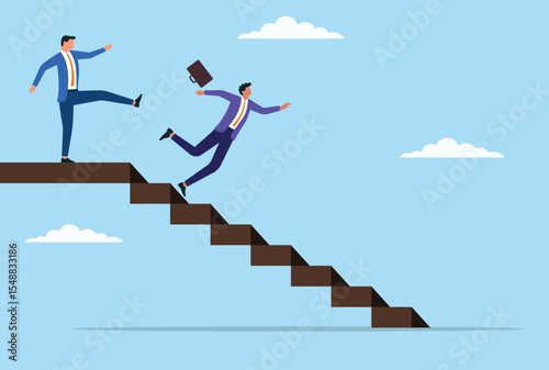 Vector illustration of a businessman shown kicking another businessman from the stairs, representing ruthless ambition, betrayal, and cutthroat competition in the workplace
