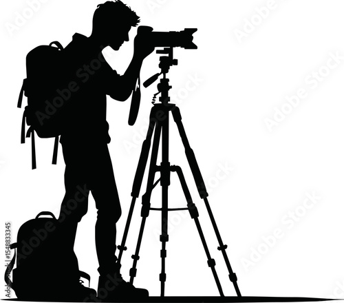 Silhouette of photographer taking picture with tripod vector style on white background