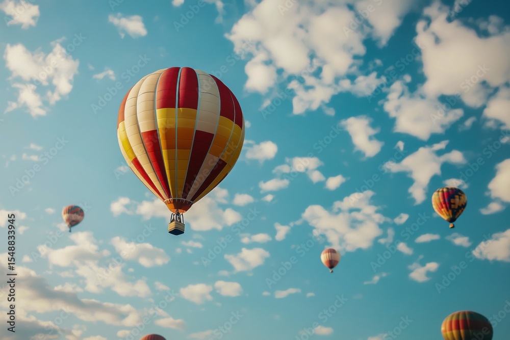 Fototapeta premium Group of colorful balloons floating over landscape
