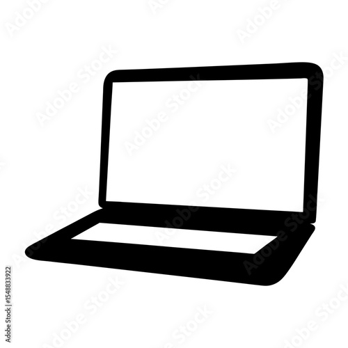 Black and white image depicts a laptop computer with a blank screen