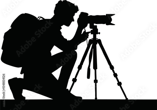Silhouette of photographer taking picture with tripod vector style on white background