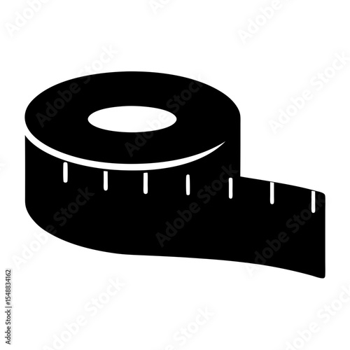 Stylized black and white illustration of a measuring tape roll icon