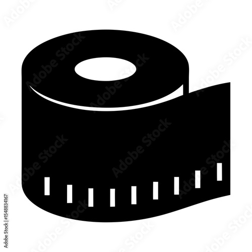 Black and white illustration of a rolled up measuring tape icon