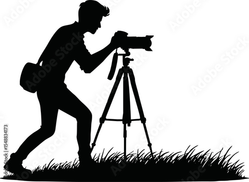 Silhouette of photographer taking picture with tripod vector style on white background