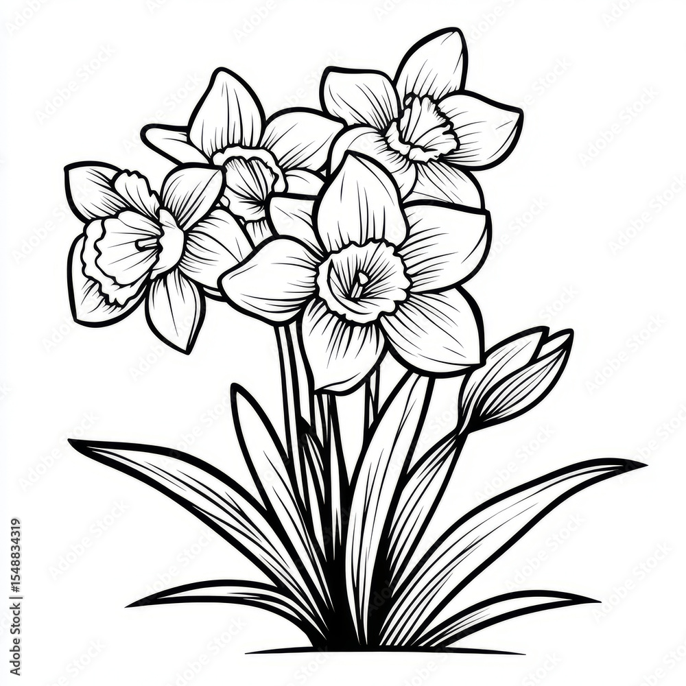Obraz premium Black and white illustration of daffodil flowers.