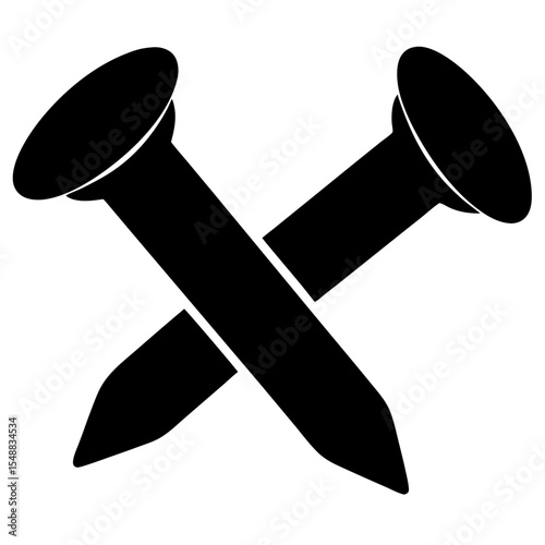 Two crossed nails, tool of trade, construction, silhouette, industrial equipment