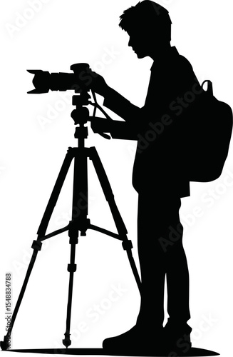 Silhouette of photographer taking picture with tripod vector style on white background