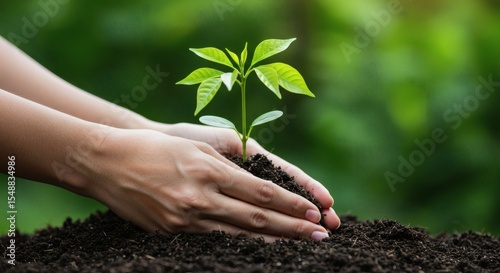 Protecting Young Plant Growth Hands Gently Planting Seedling in Soil
