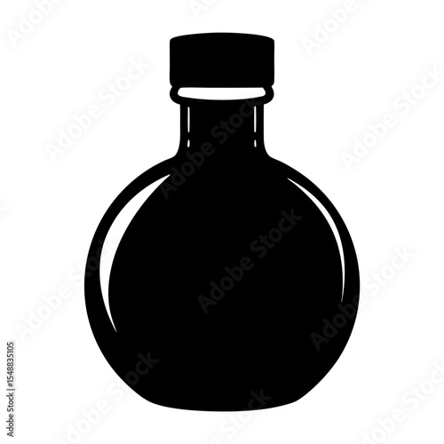 A minimalist silhouette of a round bottle with a square cap