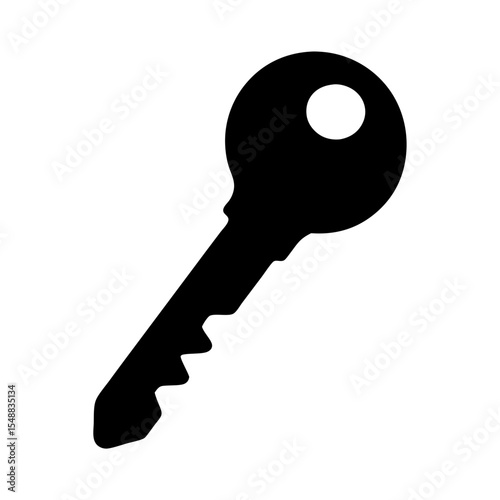 Simple black silhouette illustration of a standard metal key on white background
