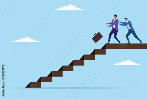 Vector illustration of a businessman pushing another businessman from the stairs, symbolizing betrayal, ambition, and the harsh reality of corporate power struggles
