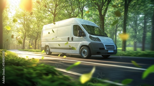 A white delivery van driving along a sunlit forest road with green leaves floating in the air during a bright day.