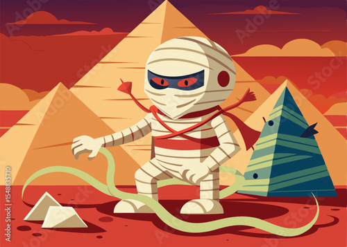 A stylized cartoon mummy, dressed as a ninja, stands amidst ancient Egyptian pyramids.