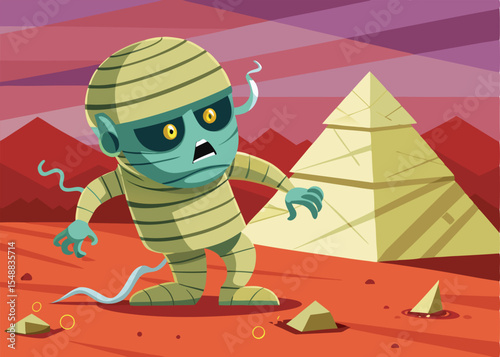 A stylized, cartoon mummy with a frightened expression is depicted near a pyramid.