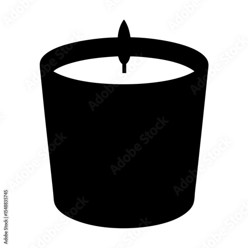 Simple black and white illustration of a burning candle in a container