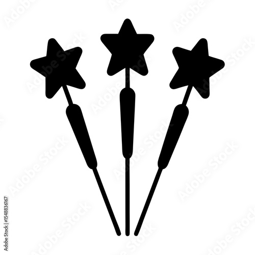 Three black star sparklers isolated on a white background for design