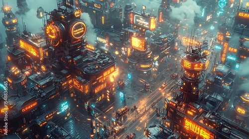 Isometric Cyberpunk Cityscape at Night with Glowing Neon Lights