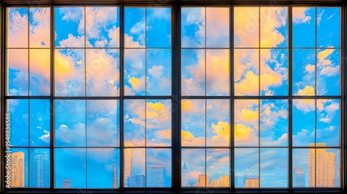Vibrant cityscape view through large-paned window with tall skyscrapers, brilliant blue sky, fluffy white clouds, warm yellow and orange hues, serene urban skyline.