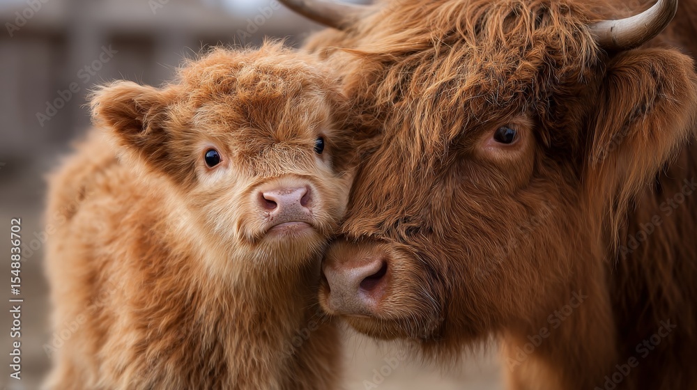 Highland cattle bonding: adult and calf close-up in natural habitat Highland cattle bonding: adult and calf close-up in natural habitat
