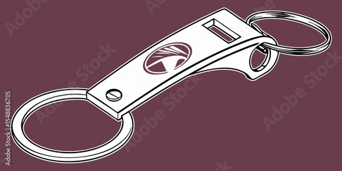 Metal bottle opener in the form of a keychain with attached steel split ring close-up on a dark pink background.
