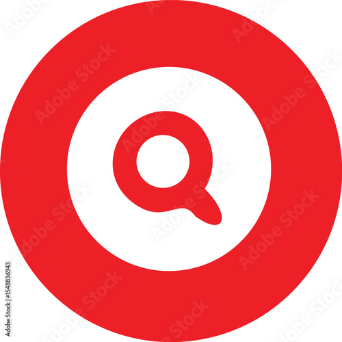 A red circle with a white circle inside and a white stylized lowercase q inside the inner circle
