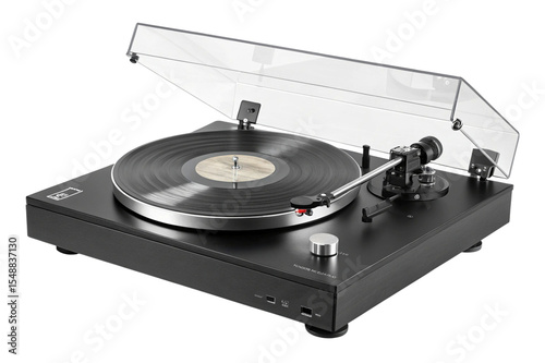 Black turntable with vinyl record and dust cover isolated on transparent background