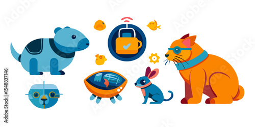 Cybernetic neon pet icons - robotic dog, AI cat, futuristic animals, tech-enhanced pets vector illustrations