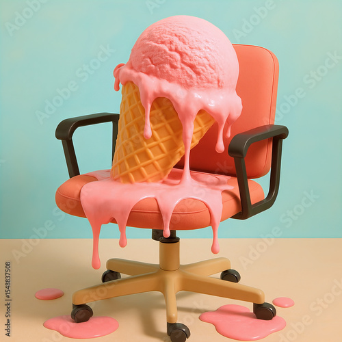 Melting Pink Ice Cream Cone on Orange Office Chair, Creative Surreal Food Art with Pastel Colors