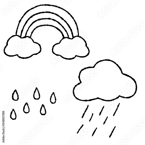 梅雨の手描きアイコン素材｜虹・雲雨のイラストセット	