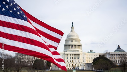 American Flag billowing in the wind with the United States Capitol building in the background a majestic white structure under a pale sky showcasing the red white and blue colors of the flag and