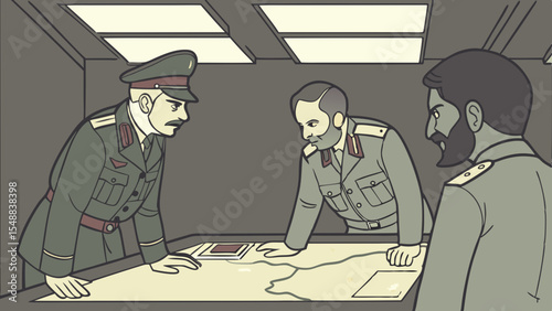 War Room Strategy: A cadre of uniformed figures huddle intently over a detailed map, immersed in strategic planning within a dimly lit command center.