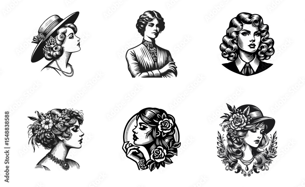 Naklejka premium Women beautiful vintage engrave illustration logo icon design