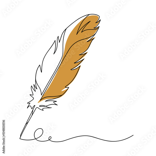 Continuous line drawing of writing quill feather pen. Minimalist black linear sketch isolated on white background. Hand drawn vector illustration.