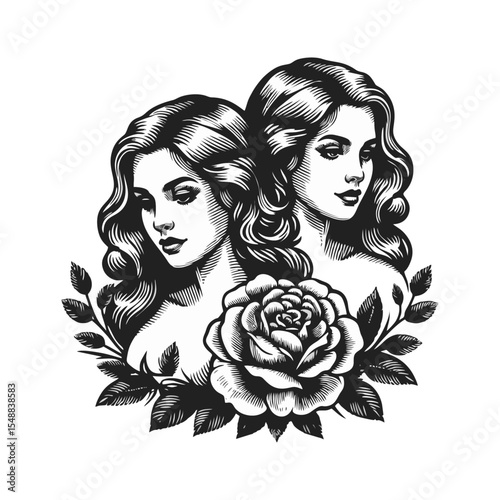Women beautiful vintage engrave illustration logo icon design