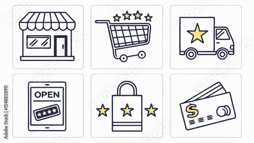 E-commerce Icons Shop, Cart, Delivery, Mobile, Bag, Credit Card Illustrations
