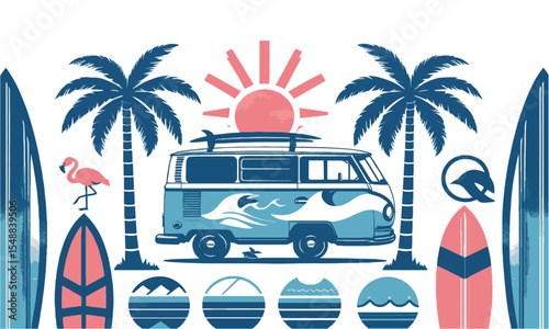 Modern vector illustration inspired by a retro beach and surf lifestyle theme, surfboards, palm trees, waves, a surf van, a sea turtle, tropical birds, easily editable and scalable.