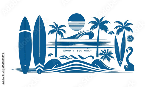Modern vector illustration inspired by a retro beach and surf lifestyle theme, surfboards, palm trees, waves, a surf van, a sea turtle, tropical birds, easily editable and scalable.