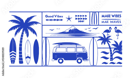 Modern vector illustration inspired by a retro beach and surf lifestyle theme, surfboards, palm trees, waves, a surf van, a sea turtle, tropical birds, easily editable and scalable.