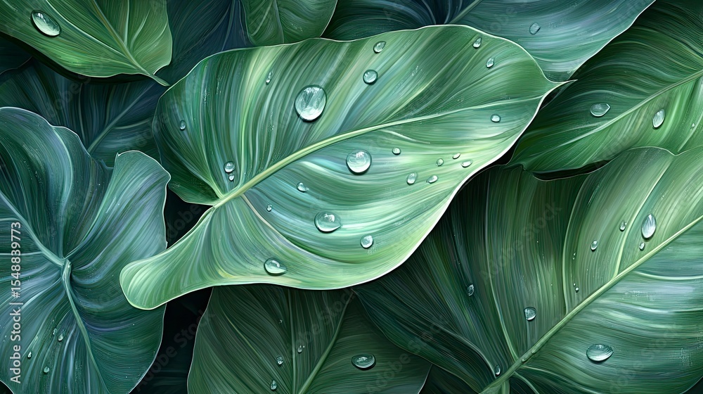 Obraz premium Close-up view of lush tropical leaves with water droplets